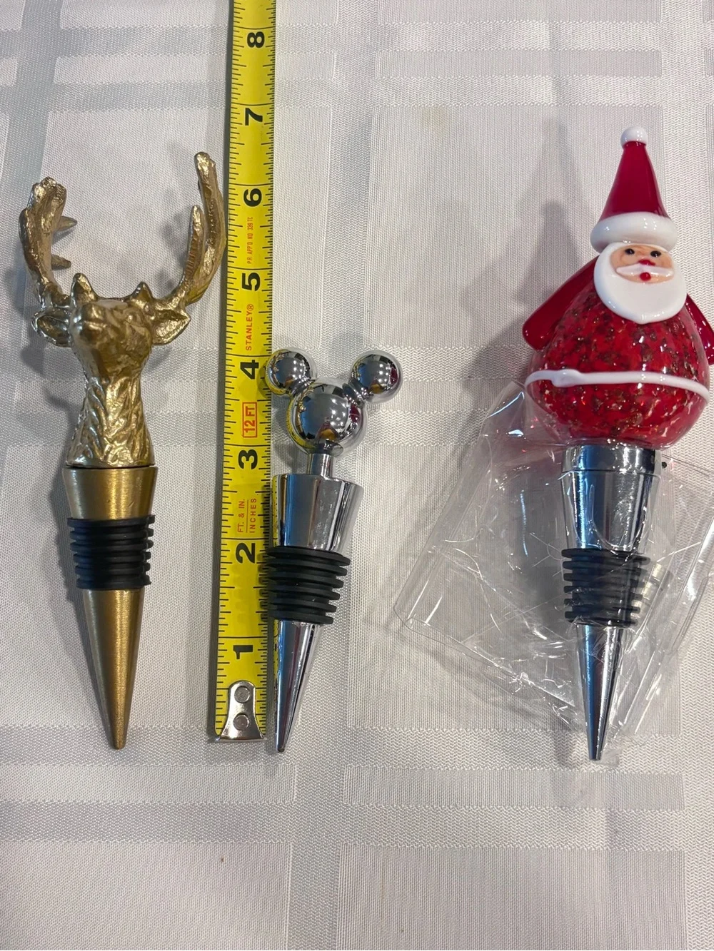 Decorative Holiday Bottle Stoppers Set - Gold Deer, Mickey Mouse, LED Red Santa